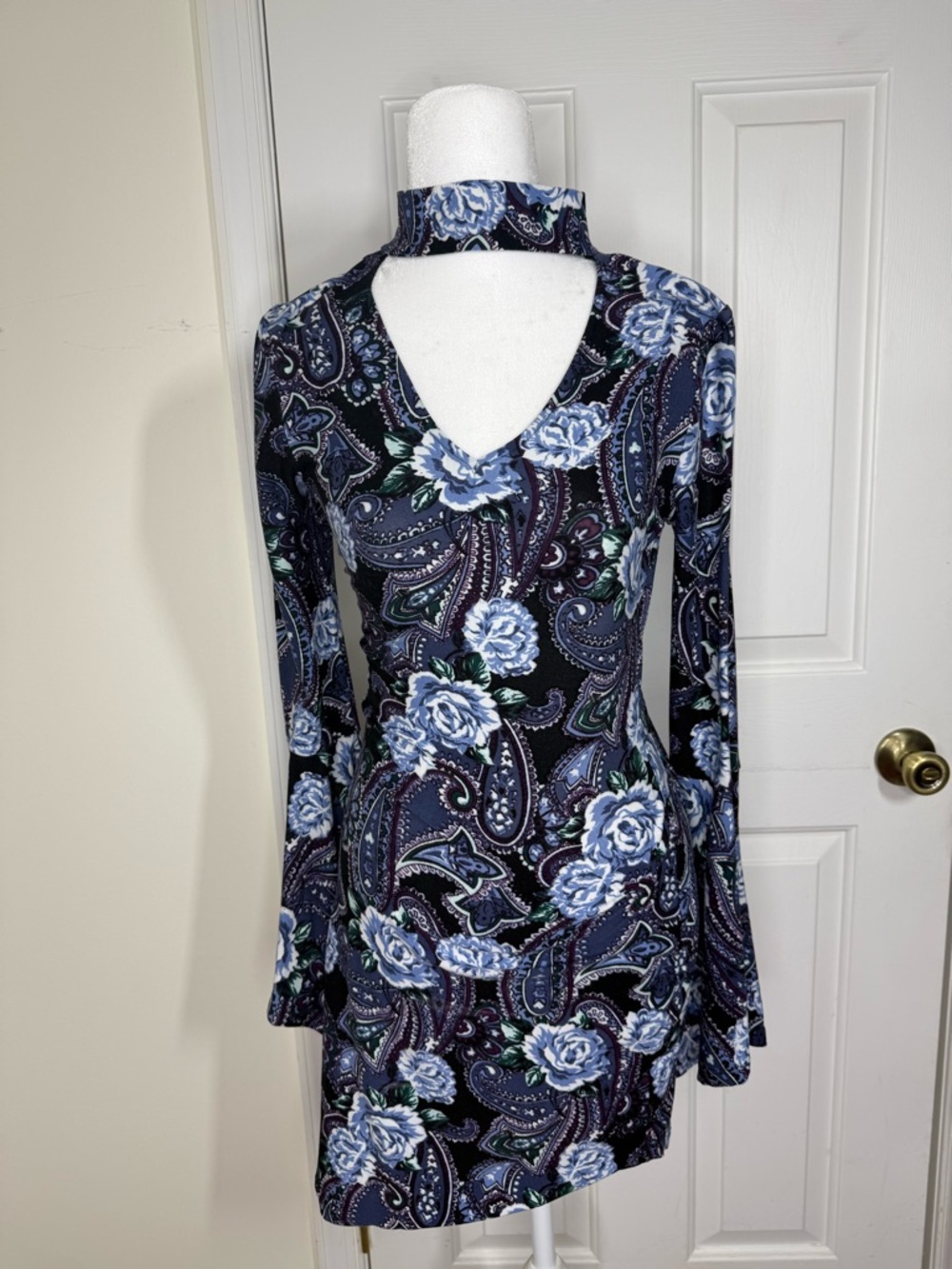 Long Sleeve Navy Paisley Floral V-Neck Dress with Attached Choker